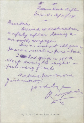 Sergeant Bernard Brookes' first letter sent home from France | Bob Brookes Collection