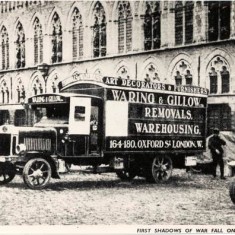 Waring and Gillow Removals, warehousing van parked in the main square of Ypres in 1915. | City of Westminster Archive Centre